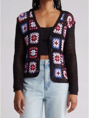 NWT Cotton Emporium Black Sweater with Multicolor Patches
